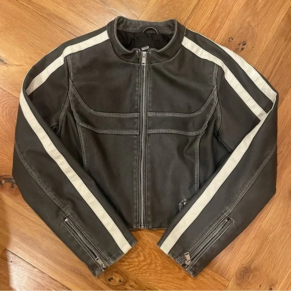 Urban Outfitters Charcoal Distressed Moto Jacket with White Stripes and Piping - Picture 3 of 4
